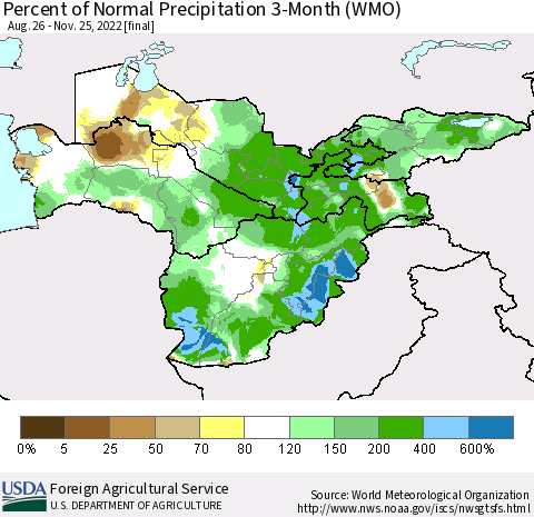 Central Asia Percent of Normal Precipitation 3-Month (WMO) Thematic Map For 8/26/2022 - 11/25/2022