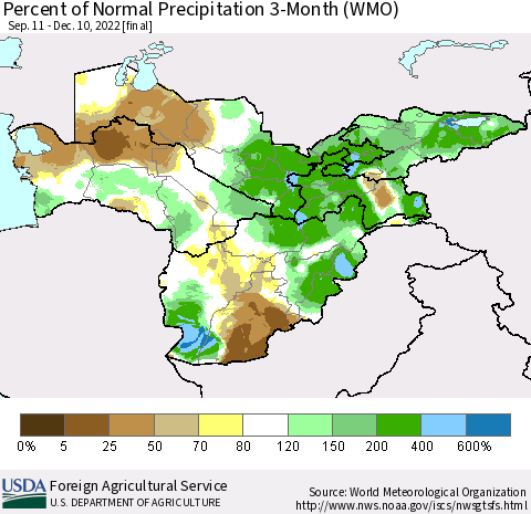 Central Asia Percent of Normal Precipitation 3-Month (WMO) Thematic Map For 9/11/2022 - 12/10/2022
