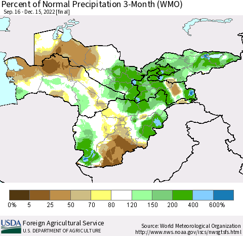 Central Asia Percent of Normal Precipitation 3-Month (WMO) Thematic Map For 9/16/2022 - 12/15/2022