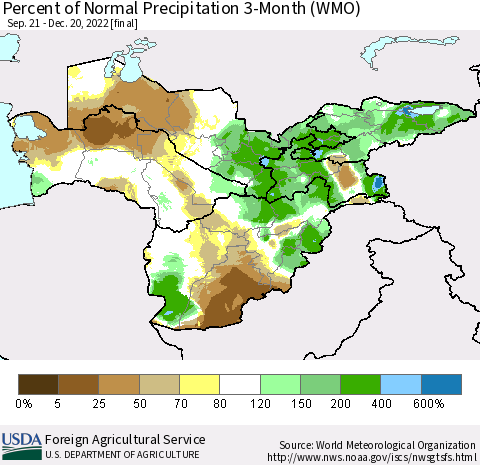 Central Asia Percent of Normal Precipitation 3-Month (WMO) Thematic Map For 9/21/2022 - 12/20/2022