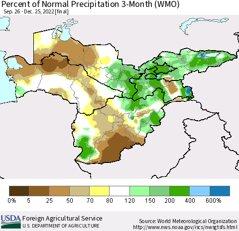 Central Asia Percent of Normal Precipitation 3-Month (WMO) Thematic Map For 9/26/2022 - 12/25/2022