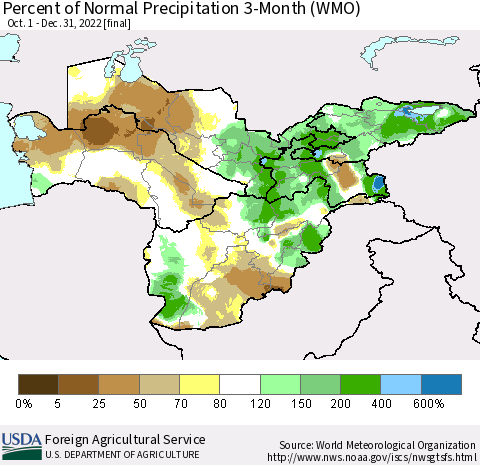 Central Asia Percent of Normal Precipitation 3-Month (WMO) Thematic Map For 10/1/2022 - 12/31/2022