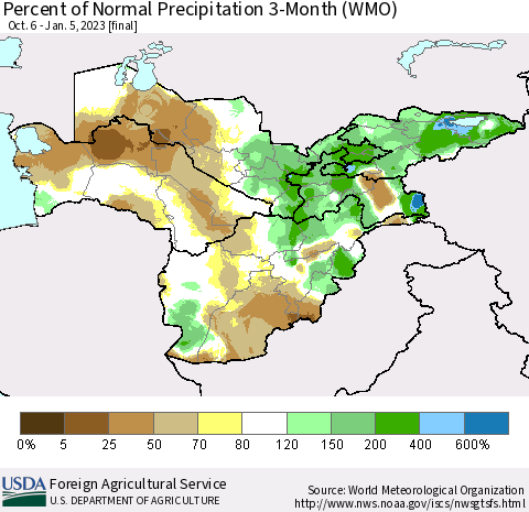 Central Asia Percent of Normal Precipitation 3-Month (WMO) Thematic Map For 10/6/2022 - 1/5/2023