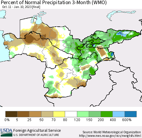 Central Asia Percent of Normal Precipitation 3-Month (WMO) Thematic Map For 10/11/2022 - 1/10/2023