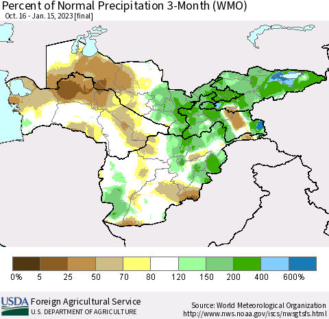 Central Asia Percent of Normal Precipitation 3-Month (WMO) Thematic Map For 10/16/2022 - 1/15/2023