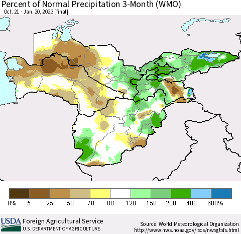 Central Asia Percent of Normal Precipitation 3-Month (WMO) Thematic Map For 10/21/2022 - 1/20/2023