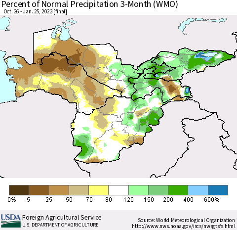 Central Asia Percent of Normal Precipitation 3-Month (WMO) Thematic Map For 10/26/2022 - 1/25/2023