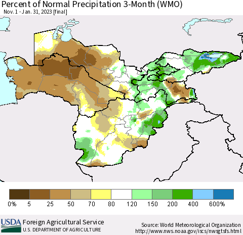 Central Asia Percent of Normal Precipitation 3-Month (WMO) Thematic Map For 11/1/2022 - 1/31/2023