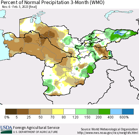 Central Asia Percent of Normal Precipitation 3-Month (WMO) Thematic Map For 11/6/2022 - 2/5/2023