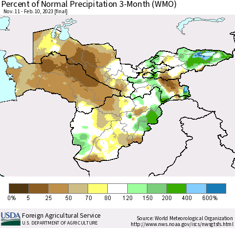 Central Asia Percent of Normal Precipitation 3-Month (WMO) Thematic Map For 11/11/2022 - 2/10/2023