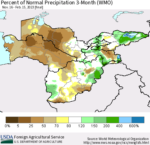 Central Asia Percent of Normal Precipitation 3-Month (WMO) Thematic Map For 11/16/2022 - 2/15/2023