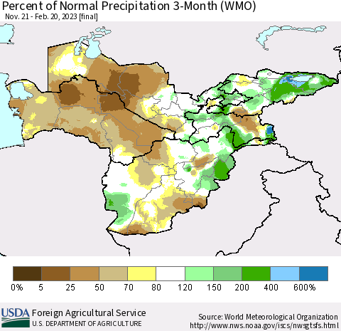 Central Asia Percent of Normal Precipitation 3-Month (WMO) Thematic Map For 11/21/2022 - 2/20/2023