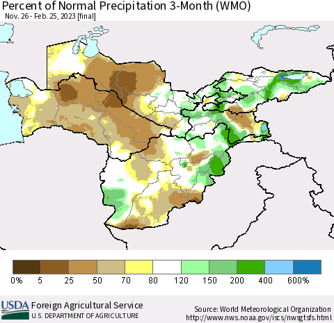 Central Asia Percent of Normal Precipitation 3-Month (WMO) Thematic Map For 11/26/2022 - 2/25/2023