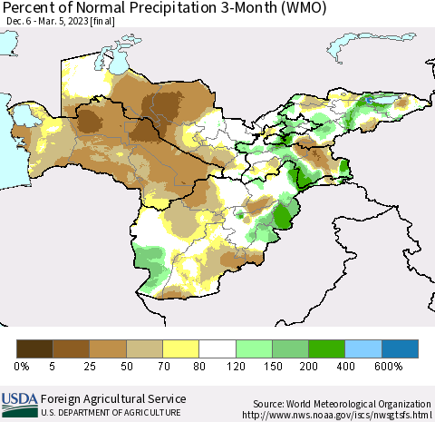 Central Asia Percent of Normal Precipitation 3-Month (WMO) Thematic Map For 12/6/2022 - 3/5/2023