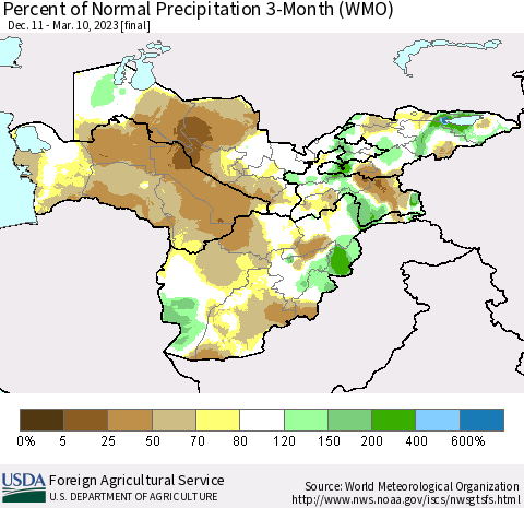 Central Asia Percent of Normal Precipitation 3-Month (WMO) Thematic Map For 12/11/2022 - 3/10/2023