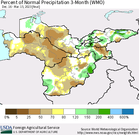 Central Asia Percent of Normal Precipitation 3-Month (WMO) Thematic Map For 12/16/2022 - 3/15/2023