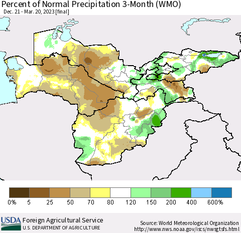 Central Asia Percent of Normal Precipitation 3-Month (WMO) Thematic Map For 12/21/2022 - 3/20/2023
