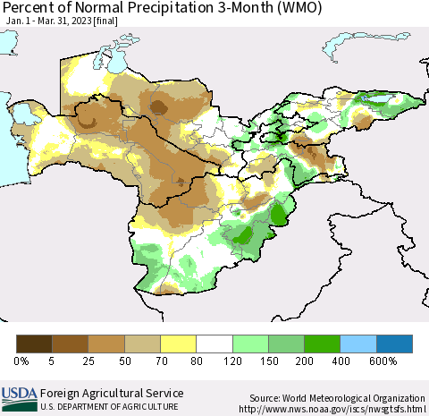 Central Asia Percent of Normal Precipitation 3-Month (WMO) Thematic Map For 1/1/2023 - 3/31/2023