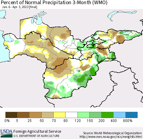 Central Asia Percent of Normal Precipitation 3-Month (WMO) Thematic Map For 1/6/2023 - 4/5/2023