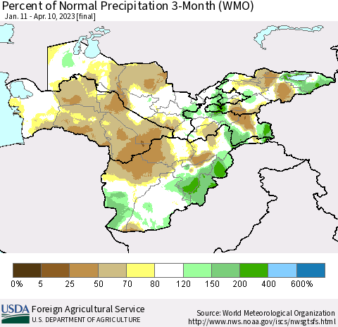 Central Asia Percent of Normal Precipitation 3-Month (WMO) Thematic Map For 1/11/2023 - 4/10/2023