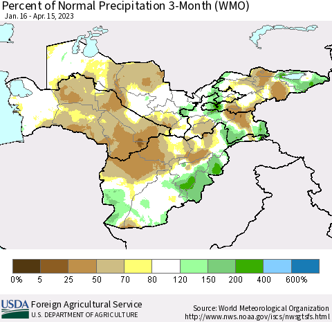 Central Asia Percent of Normal Precipitation 3-Month (WMO) Thematic Map For 1/16/2023 - 4/15/2023