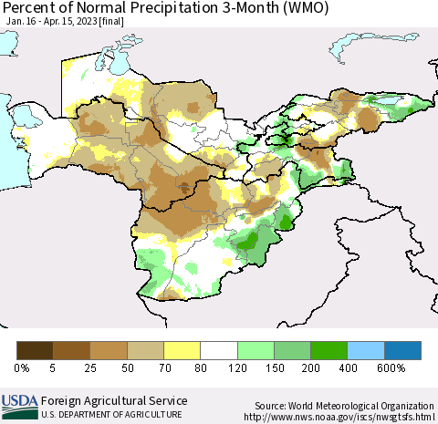 Central Asia Percent of Normal Precipitation 3-Month (WMO) Thematic Map For 1/16/2023 - 4/15/2023