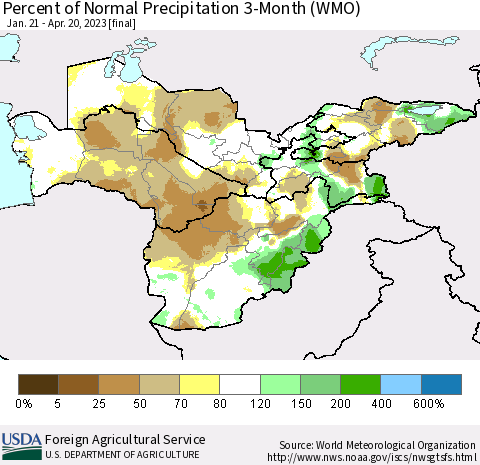 Central Asia Percent of Normal Precipitation 3-Month (WMO) Thematic Map For 1/21/2023 - 4/20/2023