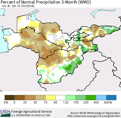 Central Asia Percent of Normal Precipitation 3-Month (WMO) Thematic Map For 1/26/2023 - 4/25/2023