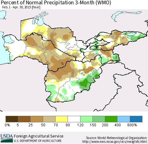 Central Asia Percent of Normal Precipitation 3-Month (WMO) Thematic Map For 2/1/2023 - 4/30/2023