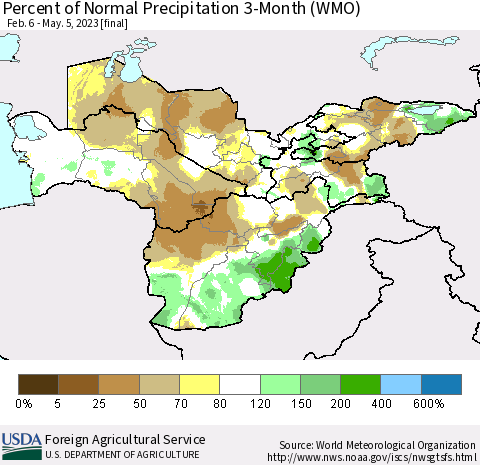 Central Asia Percent of Normal Precipitation 3-Month (WMO) Thematic Map For 2/6/2023 - 5/5/2023