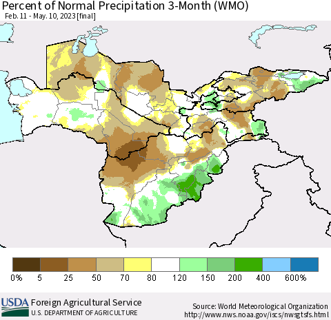 Central Asia Percent of Normal Precipitation 3-Month (WMO) Thematic Map For 2/11/2023 - 5/10/2023