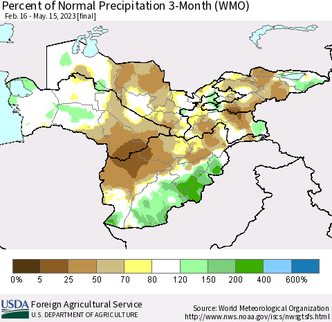 Central Asia Percent of Normal Precipitation 3-Month (WMO) Thematic Map For 2/16/2023 - 5/15/2023