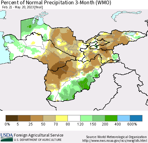 Central Asia Percent of Normal Precipitation 3-Month (WMO) Thematic Map For 2/21/2023 - 5/20/2023