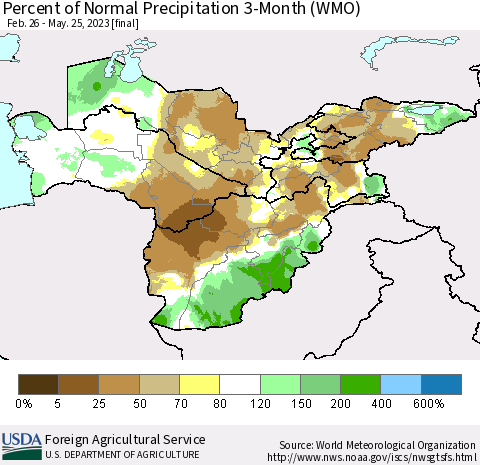 Central Asia Percent of Normal Precipitation 3-Month (WMO) Thematic Map For 2/26/2023 - 5/25/2023
