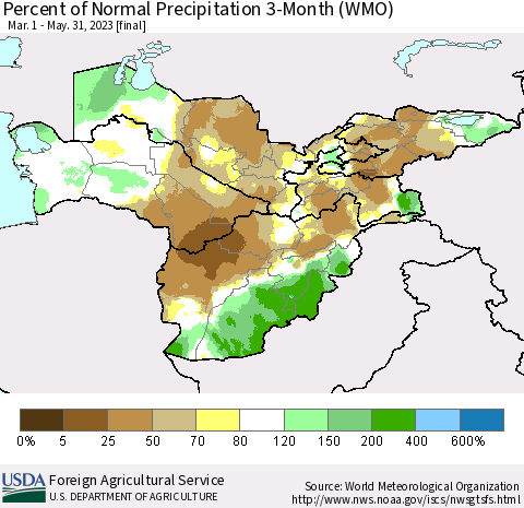 Central Asia Percent of Normal Precipitation 3-Month (WMO) Thematic Map For 3/1/2023 - 5/31/2023