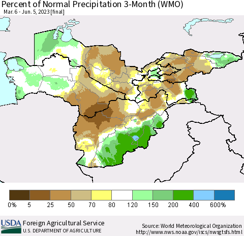 Central Asia Percent of Normal Precipitation 3-Month (WMO) Thematic Map For 3/6/2023 - 6/5/2023