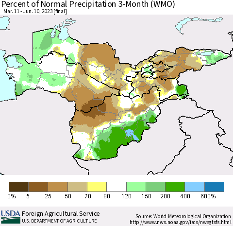 Central Asia Percent of Normal Precipitation 3-Month (WMO) Thematic Map For 3/11/2023 - 6/10/2023