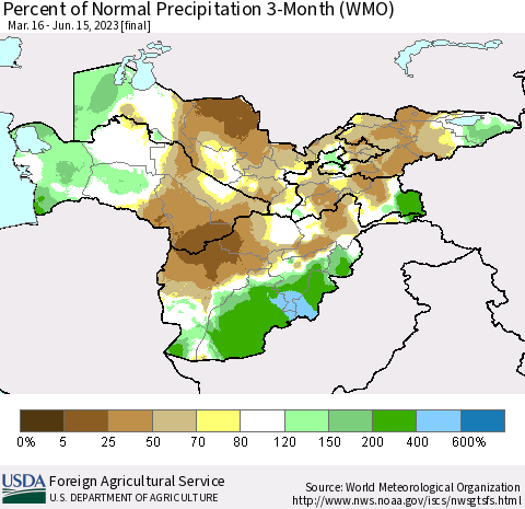 Central Asia Percent of Normal Precipitation 3-Month (WMO) Thematic Map For 3/16/2023 - 6/15/2023