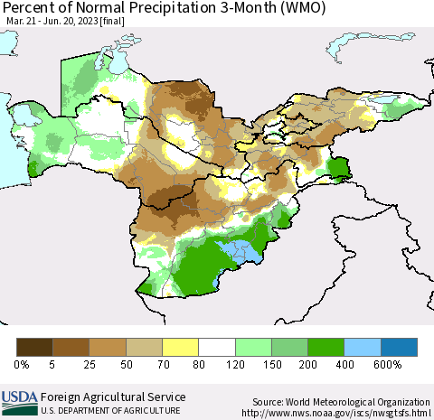 Central Asia Percent of Normal Precipitation 3-Month (WMO) Thematic Map For 3/21/2023 - 6/20/2023