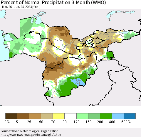 Central Asia Percent of Normal Precipitation 3-Month (WMO) Thematic Map For 3/26/2023 - 6/25/2023