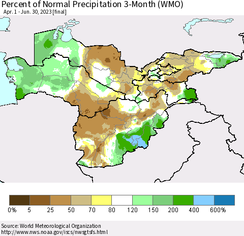 Central Asia Percent of Normal Precipitation 3-Month (WMO) Thematic Map For 4/1/2023 - 6/30/2023