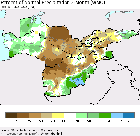 Central Asia Percent of Normal Precipitation 3-Month (WMO) Thematic Map For 4/6/2023 - 7/5/2023