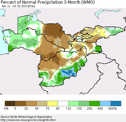 Central Asia Percent of Normal Precipitation 3-Month (WMO) Thematic Map For 4/11/2023 - 7/10/2023