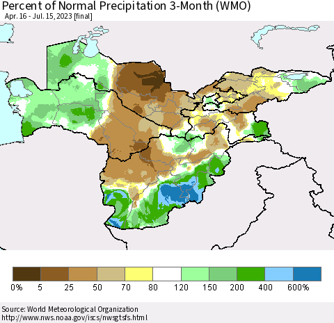 Central Asia Percent of Normal Precipitation 3-Month (WMO) Thematic Map For 4/16/2023 - 7/15/2023