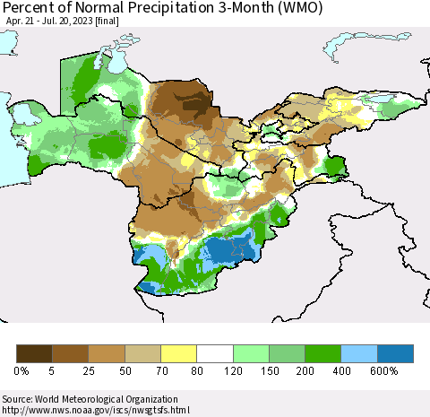 Central Asia Percent of Normal Precipitation 3-Month (WMO) Thematic Map For 4/21/2023 - 7/20/2023