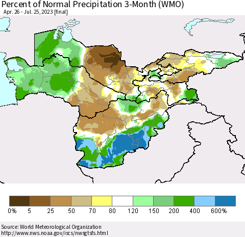 Central Asia Percent of Normal Precipitation 3-Month (WMO) Thematic Map For 4/26/2023 - 7/25/2023