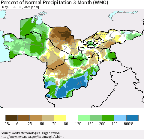 Central Asia Percent of Normal Precipitation 3-Month (WMO) Thematic Map For 5/1/2023 - 7/31/2023