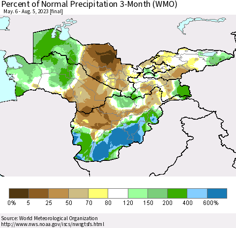 Central Asia Percent of Normal Precipitation 3-Month (WMO) Thematic Map For 5/6/2023 - 8/5/2023