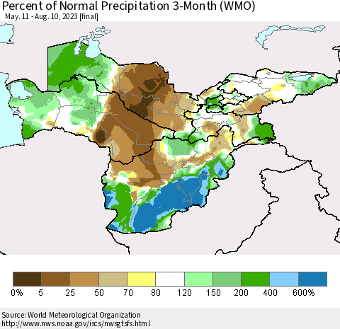 Central Asia Percent of Normal Precipitation 3-Month (WMO) Thematic Map For 5/11/2023 - 8/10/2023