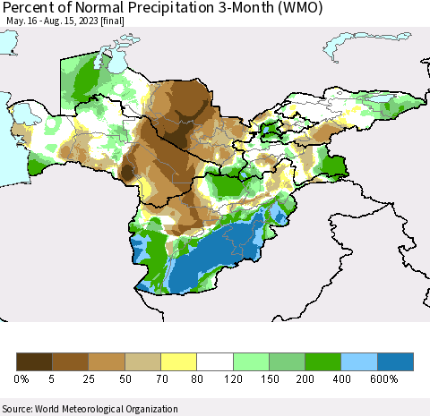 Central Asia Percent of Normal Precipitation 3-Month (WMO) Thematic Map For 5/16/2023 - 8/15/2023